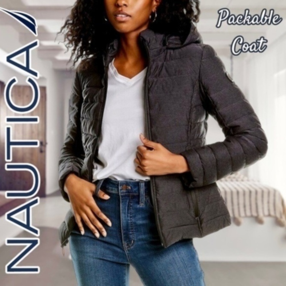 NAUTICA Zip-Off Hood, H2o Resist, Packable w/Sack, High Neck Puffer Coat NWT/XL